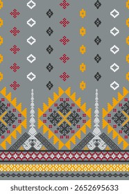 Explore this vibrant pixelated ethnic border pattern in grey, yellow, red, white, and black. Ideal for textile design, decorative borders, and adding a unique cultural touch to your projects.