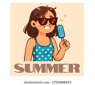 Explore esta ilustración vibrante de vacaciones de verano con una chica de dibujos animados fresca con gafas de sol y un paleta, ideal para cualquier necesidad de diseño creativo.