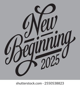 Explore the timeless 'New Beginning 2025' logo featuring bold black typography on a minimalist gray background.