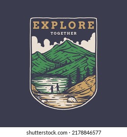 explore together. Illustration of Outdoor Adventure. design for t-shirt, sticker, badge, label, logo, emblem, tote bag, etc.