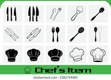 Explore top chef items with detailed vector illustrations perfect for enhancing your culinary tools collection and kitchen essentials