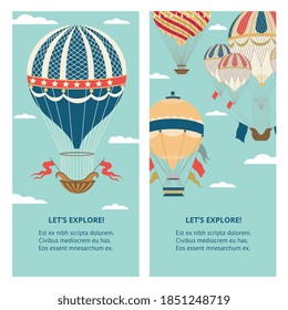 Explore and travel banners set in vertical design with hot air vintage balloons at sky blue background, flat vector illustration. Flight and air travel posters bundle.