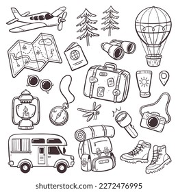 Explore and travel doodle collection. Wanderlust and outdoor activities concept. Cute collection of doodle isolated on white background. Vector illustration.