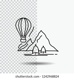 explore, travel, mountains, camping, balloons Line Icon on Transparent Background. Black Icon Vector Illustration