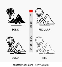 explore, travel, mountains, camping, balloons Icon in Thin, Regular, Bold Line and Glyph Style. Vector illustration