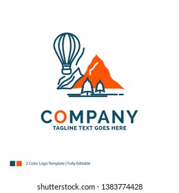 explore, travel, mountains, camping, balloons Logo Design. Blue and Orange Brand Name Design. Place for Tagline. Business Logo template.