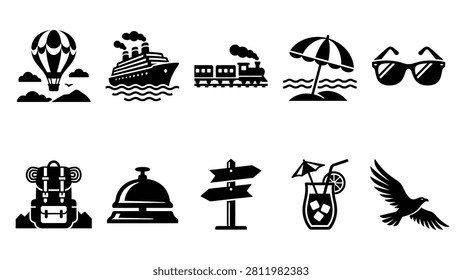 Explore travel and tourism with this comprehensive vector icon set. Features a hot air balloon, cruise ship, train, beach umbrella, sunglasses, backpack, hotel bell, road signs, cocktail, and eagle. Ideal for designs related to vacations, adventure, transportation, and hospitality.