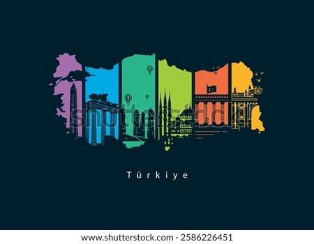 Explore turkey. A colorful, stylized silhouette of a map of the turkey, filled with vertical panels, featuring famous turkey landmarks. For logo, t-shirt, banner, card design. World Tourism Day. World Tourism Day