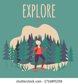 Explore typography card, woman cartoon character hiking in nature, vector illustration. Tourist in forest, travel outdoor and explore nature. Motivation poster or card, woman exploring outdoor travel