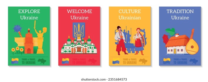 Explore ukraine flat poster set depicting traditions culture and landmarks isolated vector illustration