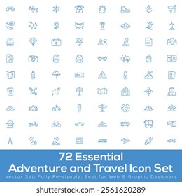 Explore the ultimate travel and navigation icon pack with transportation, maps, GPS, landmarks, and adventure tools. Perfect for apps, websites, and creative projects.