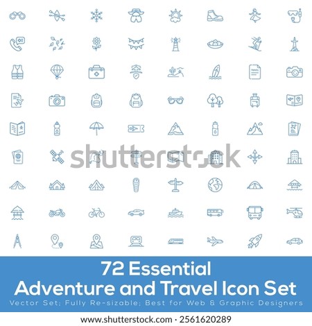 Explore the ultimate travel and navigation icon pack with transportation, maps, GPS, landmarks, and adventure tools. Perfect for apps, websites, and creative projects.