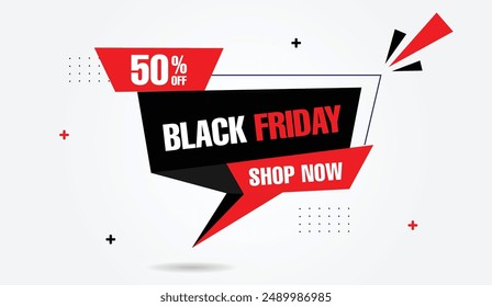 Explore unbeatable deals with our Black Friday Shop Now 50% Off banner featuring a white background and dynamic black and red vector art