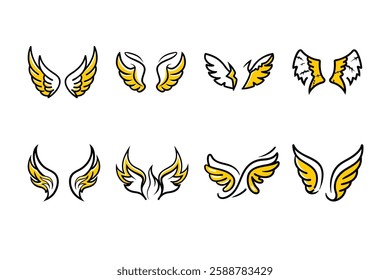 Explore a unique collection of angel wings in cartoon doodle line art and trendy hand-drawn flat style vector illustrations.