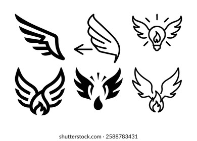 Explore a unique collection of angel wings in cartoon doodle line art and trendy hand-drawn flat style vector illustrations.