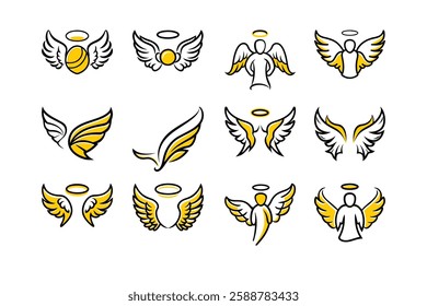 Explore a unique collection of angel wings in cartoon doodle line art and trendy hand-drawn flat style vector illustrations.