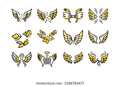 Explore a unique collection of angel wings in cartoon doodle line art and trendy hand-drawn flat style vector illustrations.