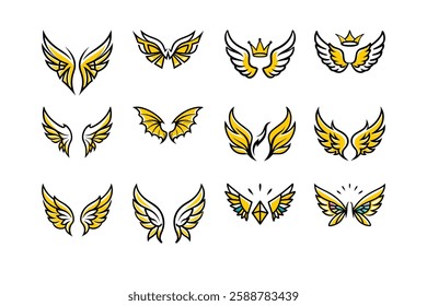 Explore a unique collection of angel wings in cartoon doodle line art and trendy hand-drawn flat style vector illustrations.