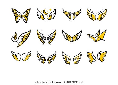 Explore a unique collection of angel wings in cartoon doodle line art and trendy hand-drawn flat style vector illustrations.