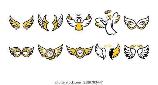 Explore a unique collection of angel wings in cartoon doodle line art and trendy hand-drawn flat style vector illustrations.