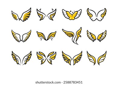 Explore a unique collection of angel wings in cartoon doodle line art and trendy hand-drawn flat style vector illustrations.