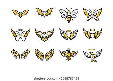 Explore a unique collection of angel wings in cartoon doodle line art and trendy hand-drawn flat style vector illustrations.