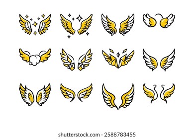 Explore a unique collection of angel wings in cartoon doodle line art and trendy hand-drawn flat style vector illustrations.