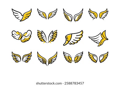 Explore a unique collection of angel wings in cartoon doodle line art and trendy hand-drawn flat style vector illustrations.