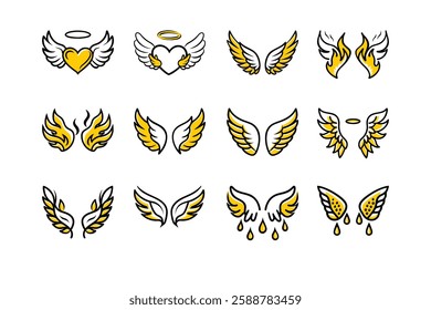 Explore a unique collection of angel wings in cartoon doodle line art and trendy hand-drawn flat style vector illustrations.