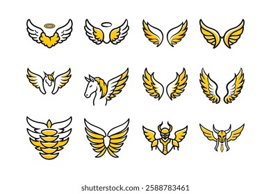 Explore a unique collection of angel wings in cartoon doodle line art and trendy hand-drawn flat style vector illustrations.