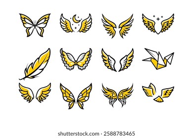 Explore a unique collection of angel wings in cartoon doodle line art and trendy hand-drawn flat style vector illustrations.