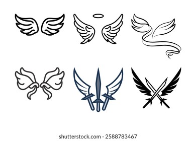 Explore a unique collection of angel wings in cartoon doodle line art and trendy hand-drawn flat style vector illustrations.