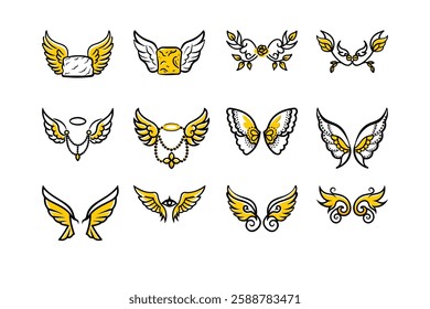 Explore a unique collection of angel wings in cartoon doodle line art and trendy hand-drawn flat style vector illustrations.