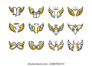 Explore a unique collection of angel wings in cartoon doodle line art and trendy hand-drawn flat style vector illustrations.