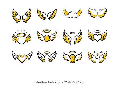 Explore a unique collection of angel wings in cartoon doodle line art and trendy hand-drawn flat style vector illustrations.