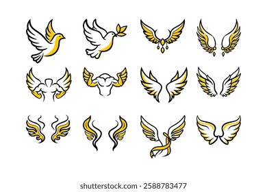 Explore a unique collection of angel wings in cartoon doodle line art and trendy hand-drawn flat style vector illustrations.