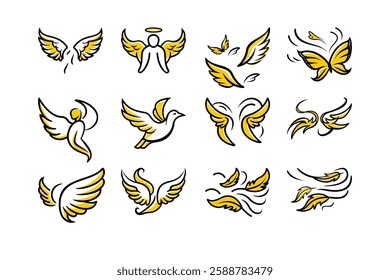 Explore a unique collection of angel wings in cartoon doodle line art and trendy hand-drawn flat style vector illustrations.