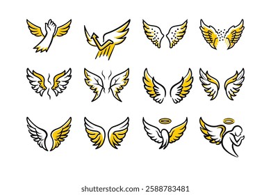 Explore a unique collection of angel wings in cartoon doodle line art and trendy hand-drawn flat style vector illustrations.