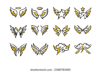 Explore a unique collection of angel wings in cartoon doodle line art and trendy hand-drawn flat style vector illustrations.