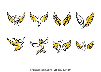 Explore a unique collection of angel wings in cartoon doodle line art and trendy hand-drawn flat style vector illustrations.