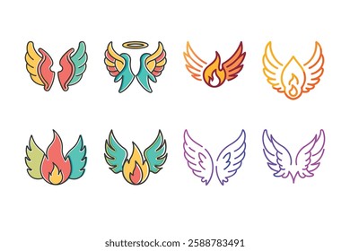 Explore a unique collection of angel wings in cartoon doodle line art and trendy hand-drawn flat style vector illustrations.