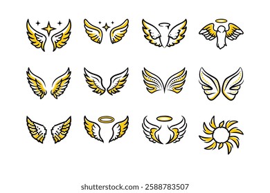 Explore a unique collection of angel wings in cartoon doodle line art and trendy hand-drawn flat style vector illustrations.