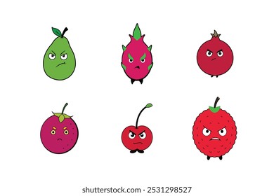 Explore a unique collection of angry face fruit designs featuring Guava, Passionfruit, Lychee, Dragon Fruit, Pomegranate, and Cherry. Available as line art, silhouettes, icons, and clipart.