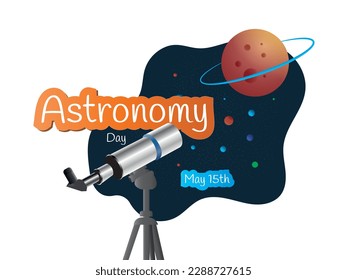 Explore the Universe: Celebrate Astronomy Day. Telescope and background planets and stars on blue background.Flat design.