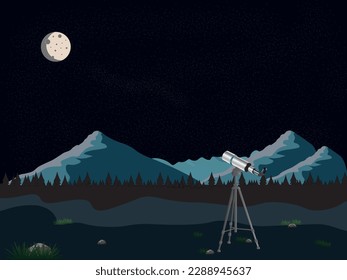 Explore the Universe: Celebrate Astronomy Day. Night landscape of a telescope in the foreground, mountains and trees in the background, and stars and the moon in the sky.
