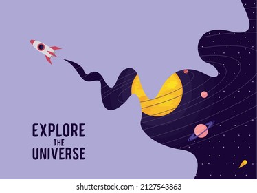 explore universe lettering with rocket poster