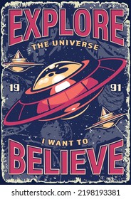 Explore universe poster vintage colorful several flying saucers for aliens or Martians travel through mysterious space or galaxy vector illustration