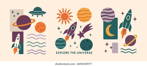 Explorar o Universo - Planetas Retrô e Espaçonaves Set