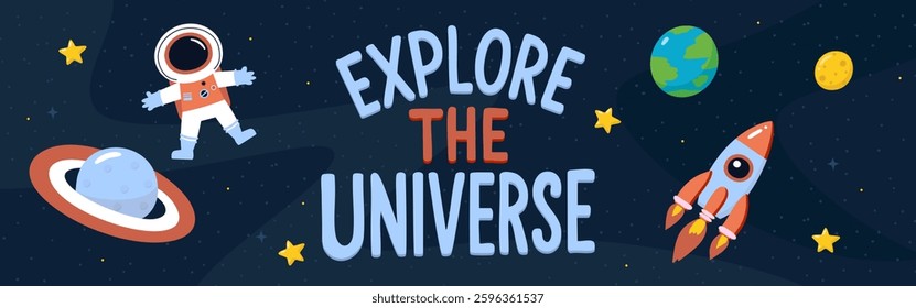 Explore the Universe - Space Adventure Illustration. For science, education, and space exploration themes.