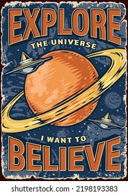 Explore universe vintage colorful flyer flying saucers belonging to aliens move around orange planet with orbital ring vector illustration
